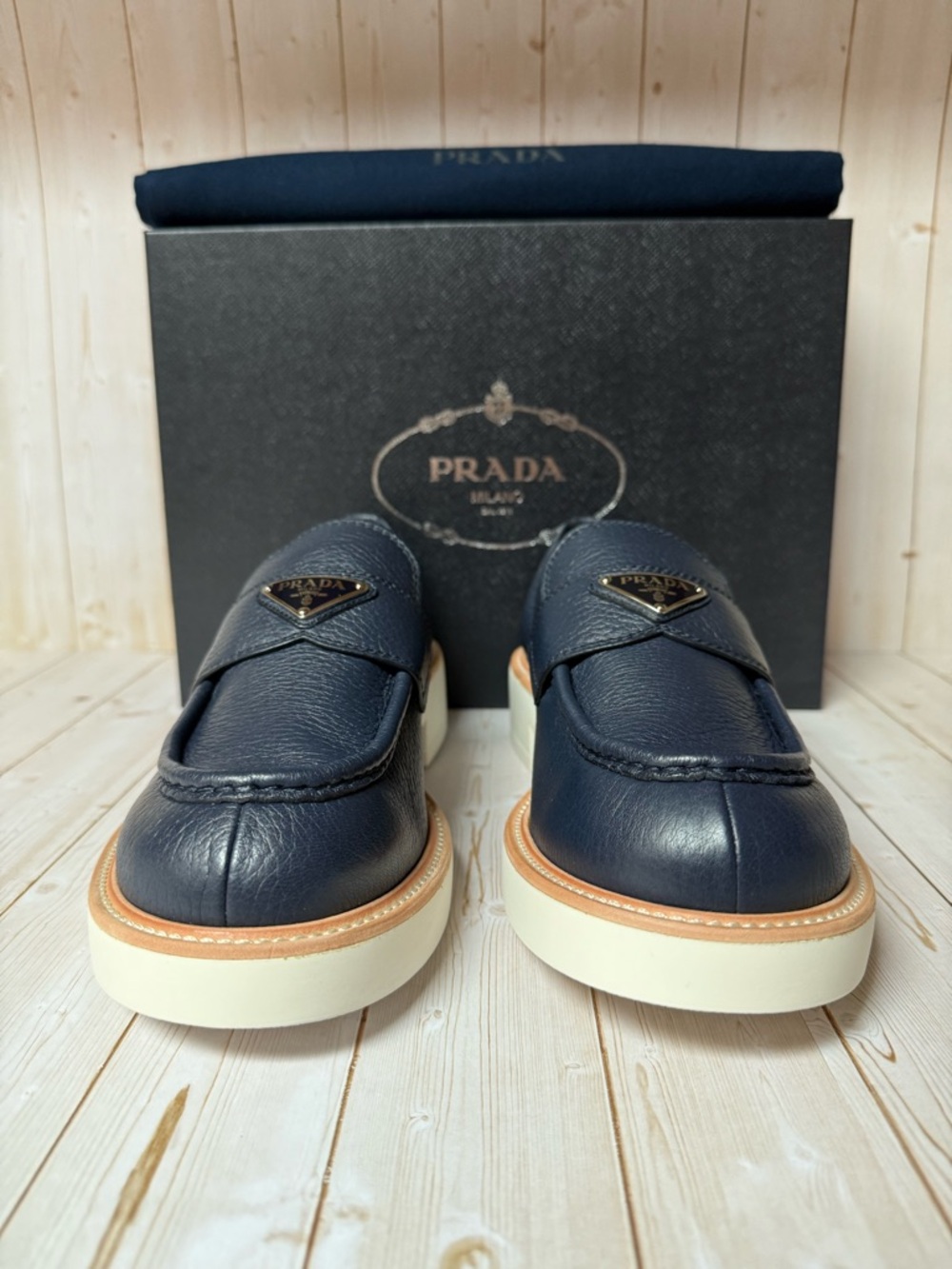 Prada Triangle-Logo Leather Loafers Navy Blue Sz 7.5UK / 8.5US - Picture 5 of 12